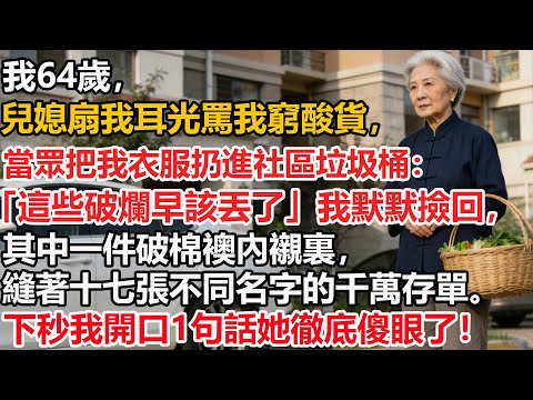【我64歲】兒媳扇我耳光罵我窮酸貨，當眾把我衣服扔進社區垃圾桶：「這些破爛早該丟了」我默默撿回，其中一件破棉襖內襯裏，縫著十七張不同名字的千萬存單。下秒我開口1句話她徹底傻眼了！