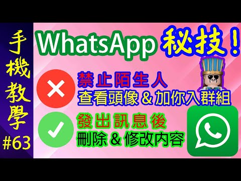 WhatsApp九成用家都唔識的五大秘技！ / 不加聯絡人與對方通話 / 禁止陌生人查看頭像及加你入群組 / 發出信息後刪除或修改（手機教學第63集）