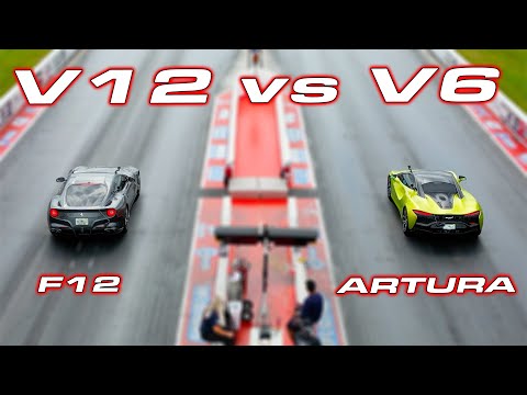 V12 vs V6 * 750HP Ferrari F12 vs 670 HP McLaren Artura 1/4 Mile Drag Race