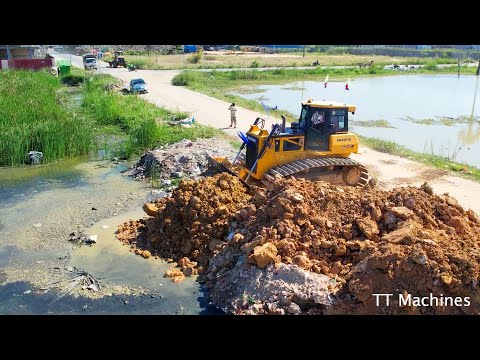 Biggest Project Filling Deep Pond By Heavy Shatui Dozer Push Stone Into Water & Dump Truck Unloading