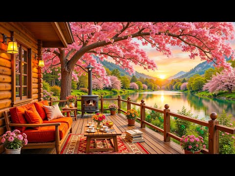 Smooth Jazz Instrumental Music at Cozy Coffee Shop by Lakeside Cherry Blossom to Relax, Work, Study