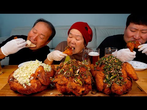 🍗Fried Chicken with Spicy Chili, Garlic, Green Onion sauce - Mukbang eating show