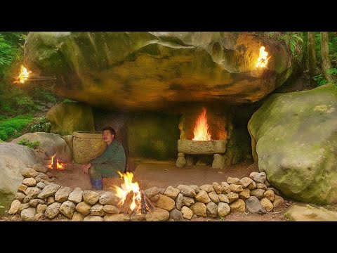 Building a Safe Rock Shelter & Finding Food in the Storm | Solo Survival in the Rainforest