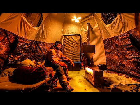 WINTER HOT TENT CAMPING WITH WOOD PELLET STOVE