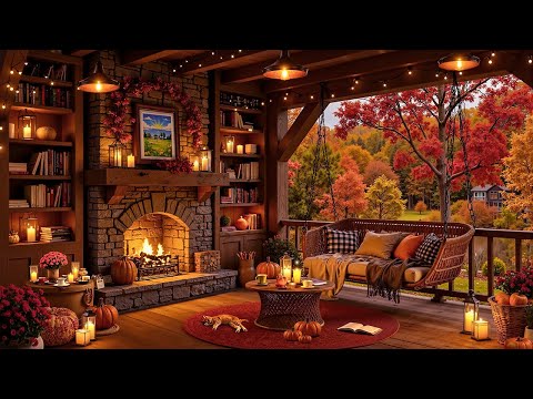 Soft Piano Jazz in Cozy Porch Reading Nook 🍁 Relaxing Fireplace Sounds & Fall Ambience to Chill Out