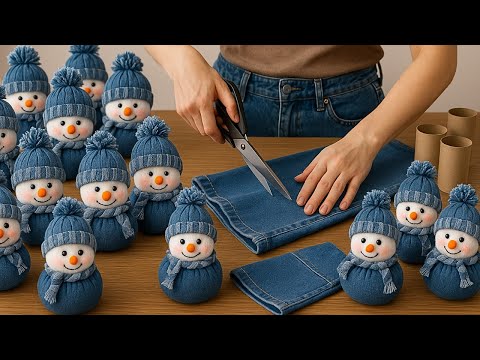 Turning old jeans and cardboard rolls into DIY snowman dolls_no sewing machine needed_Super Easy⛄💙❄️