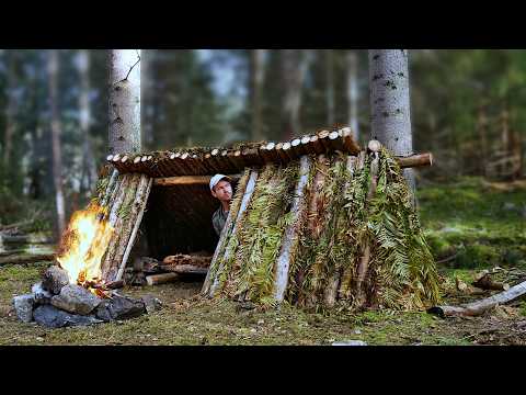 Solo Camping at my Survival Shelter - Upgrading The Shelter, Foraging, Bushcraft