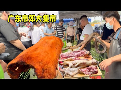 广东市郊大集市，商品十分生猛，美食众多！烧猪肉十分抢手；老鼠干也能成为美食，真的没想到；各种活禽、狗肉、鳄鱼肉都有卖；乌龟水鱼很受当地人青睐；还有生猛的大蛇卖；牛杂、绿豆饼等等各种小吃琳琅满目