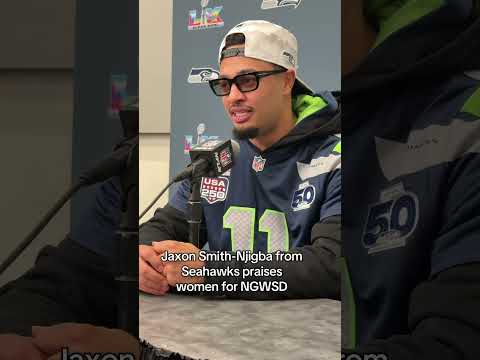 Jackson Smith-Njiba praises woman and his interview at the Super Bowl LX press conference