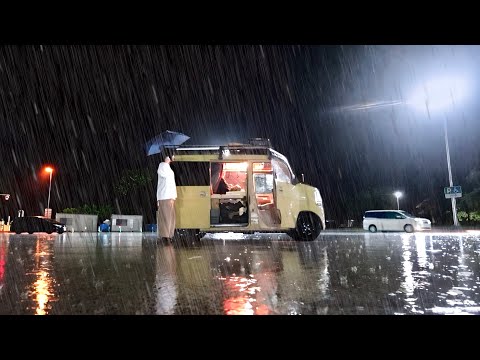 Heavy Rain Stealth Car Camping at Midnight Rest Stop.