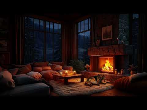 Thunderstorm with Crackling Fireplace | Cozy Living Room, Rain & Sleeping Pet