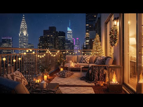 New York City Winter Nighttime Balcony to Sleep, Work, Focus 😴🎧❄️ (City, Snow, Fireplace Sound)