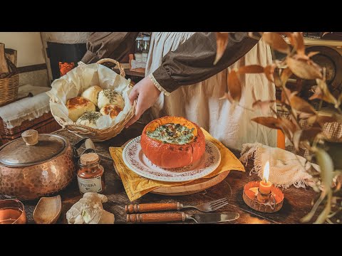 Cozy Fall Day at Cinnamon Cottage: Stuffed Pumpkin, Apple Oatmeal Cake & Bread Buns | Cooking ASMR