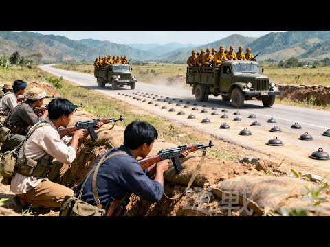 Large Japanese forces raid the village, only to be blown to pieces by the villagers' landmine trap!