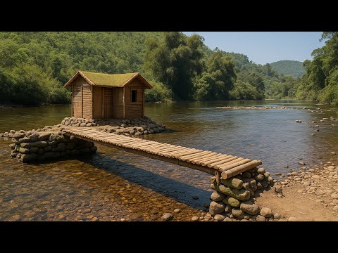 Build a rustic cabin entirely out of dirt on a rocky island in the middle of a river