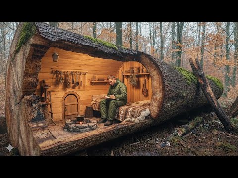 30 days of survival - Build a warm shelter inside a tree hollow, alone bushcraft