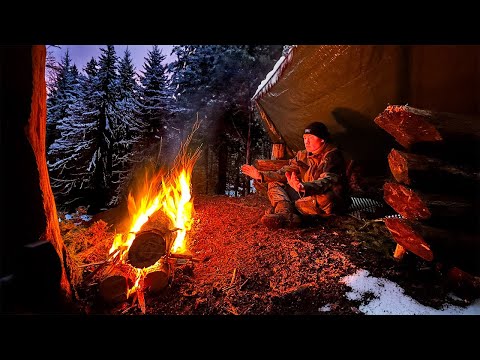 SOLO WINTER BUSHCRAFT CAMP | Building Shelter & Making a Bow Saw - Long Fire