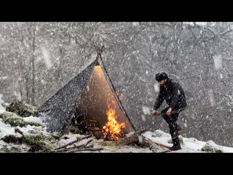 SOLO CAMPING in BLIZZARD SNOWSTORM | RELAXING in cozy HOT TENT | ASMR
