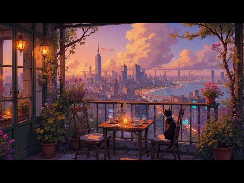 Tokyo Sunset Balcony 🌧️ Lofi Rainy Ambience & Peaceful Notes | For Study, Sleep & Relaxation