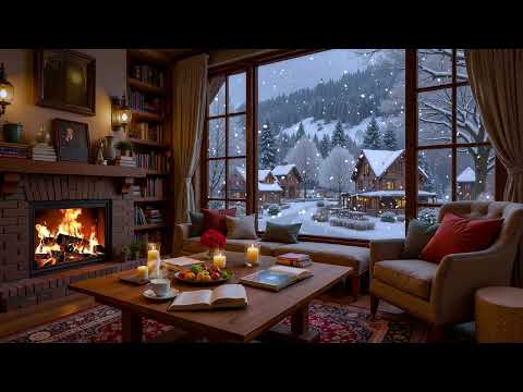 Calming Snowy Winter Jazz Night ❄️ Coffee Shop Ambience & Fireplace Sounds for Study, Work & Focus