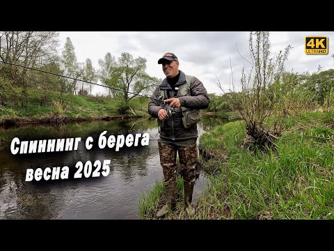 Spinning from the shore on a small river. Spin fishing in spring.
