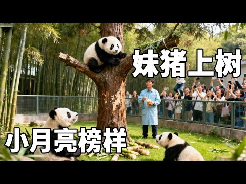作为调皮小月亮的前辈，妹猪这孩子真的了不起，不到半岁就可以登顶大树【你好大熊猫】#大熊猫妹猪