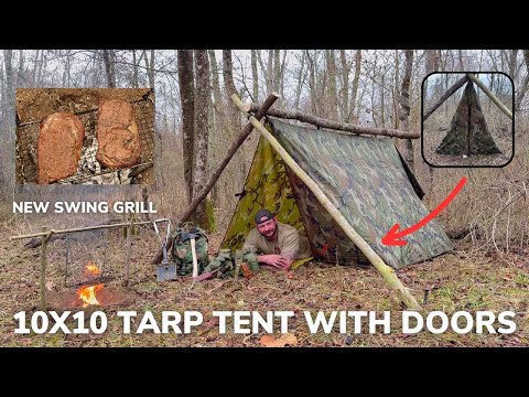 Solo Overnight Building a Waterproof Tarp Tent with Closing Doors in the Rain and Ribeye Steaks