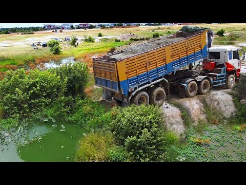 First Start Amazing PROJECT!! Filling Deep Land In Flooded Area Use SHANTUI Bulldozer & 25Ton Truck.
