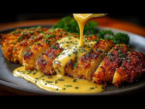This is how I prepare chicken!  Crispy chicken schnitzel with cheese sauce is the perfect dinner!