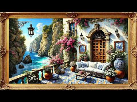 Greek Balcony View | TV Art Screensaver | Hidden Oil Painting Story | 4K Framed Art