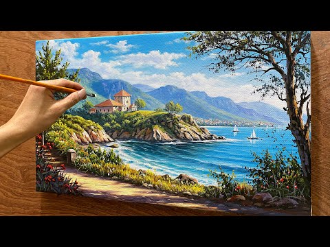 How to draw landscape painting "#45"/ Drawing coastal landscape / Acrylic landscape painting.