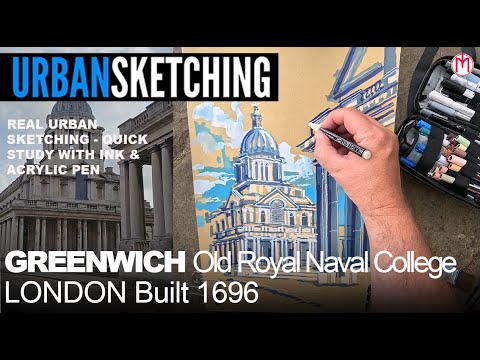 Sketching London, Greenwich Old Royal Naval College, Quick study in ink and acrylic brush pen