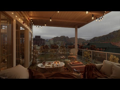 Cozy Balcony Ambience On A Rainy Autumn Day | Rain, Crackling Fire, Crickets Sounds