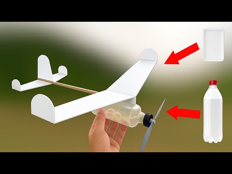 Como fazer avião com garrafa pet e isopor de bandejinha vôo livre a elástico