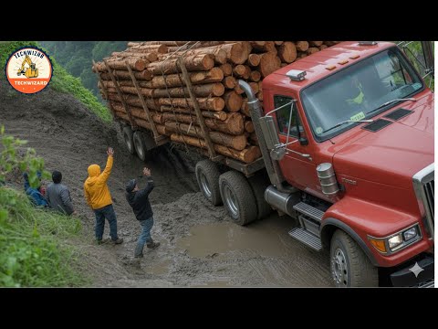 Reckless Log Truck Drivers Over Harsh Terrain and Dangerous Off-Road Membranes