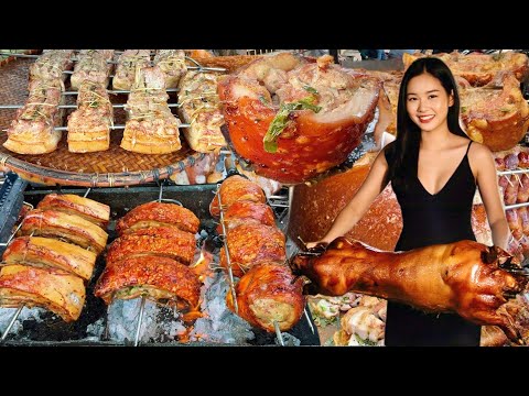 Grilled pork leg, Crispy Grilled Pork Belly Over Charcoal 🔥 best street food, Americans like to eat