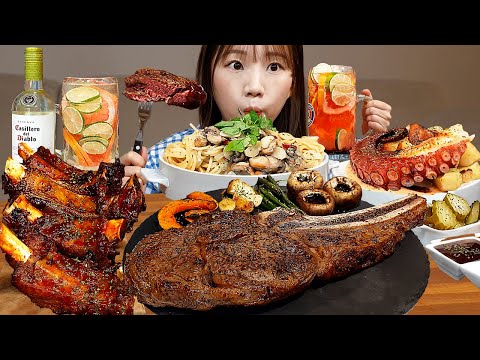 🥩요리먹방 - 샹그리아,토마호크 스테이크,뿔뽀,백립,굴파스타🍷연말기념 양식풀코스 먹방😎 STEAK PASTA MUKBANG ASMR EATINGSHOW REALSOUND 요리