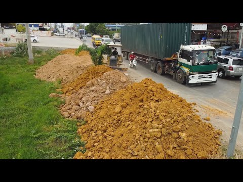 Great Start to Project.!! Skilled Mitsubishi Bulldozer & Dump Trucks Pouring Soil Mixed with Stones