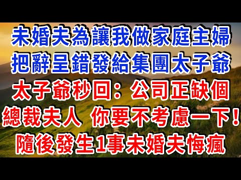 未婚夫為讓我做家庭主婦，把辭呈錯發給集團太子爺，太子爺秒回「批准」還補了一句：公司正缺個總裁夫人，你要不考慮一下！隨後發生1事未婚夫悔瘋