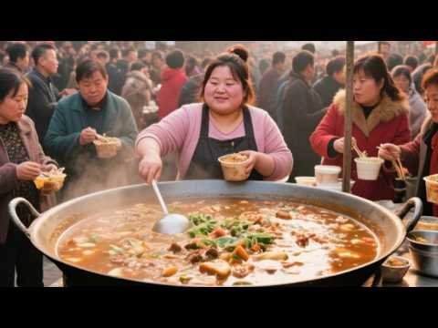 The ”Fat Lady” in Kaifeng sells snacks  boiling mutton oil and mutton together in a pot. She only s