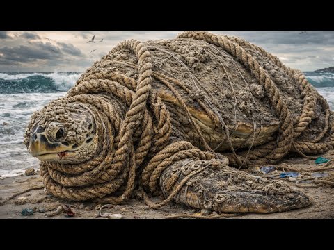 Exhausted Giant Turtle Trapped in a Ghost Net – A Tearful Rescue