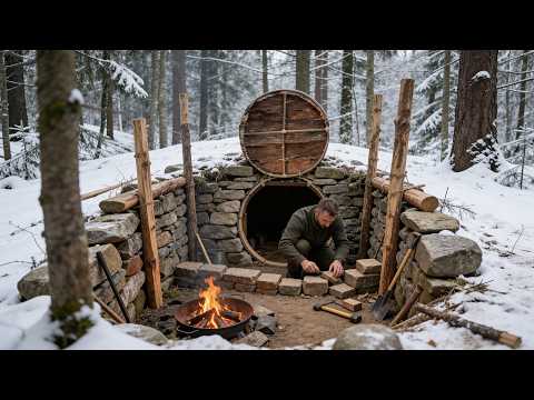 A man is building a hidden underground bushcraft shelter in the woods