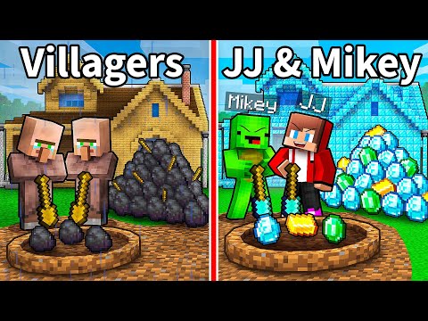 JJ and Mikey vs Villagers: TREASURES MINE BATTLE in Minecraft - Maizen