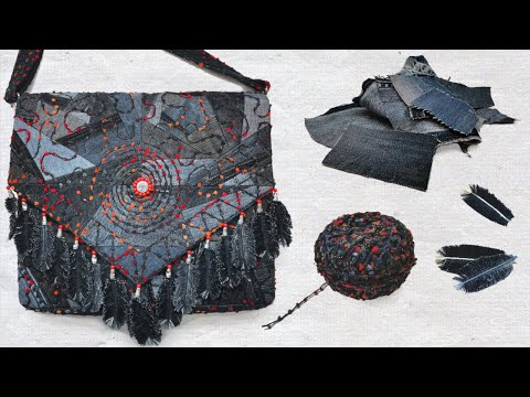 Denim ETHNO bag: soutache yarn embroidery, jeans patchwork, denim feathers .. (English subtitles)