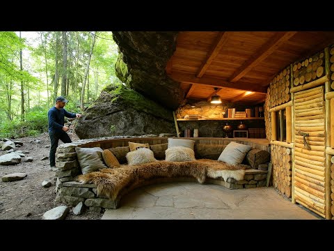 Building a Wooden House Beneath the Mountain Stone | Start to Finish