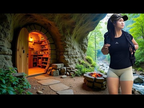 Building Abandoned Bushcraft Shelter Under a Giant Rock for Survival