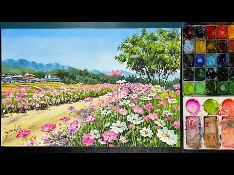 수채화로 코스모스길 디테일하게 표현하며 그리기