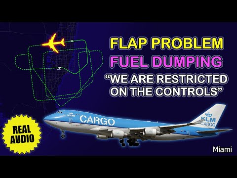 Flap problem. Fuel dumping. KLM / Martinair Boeing 747 needs the longest runway at Miami. Real ATC