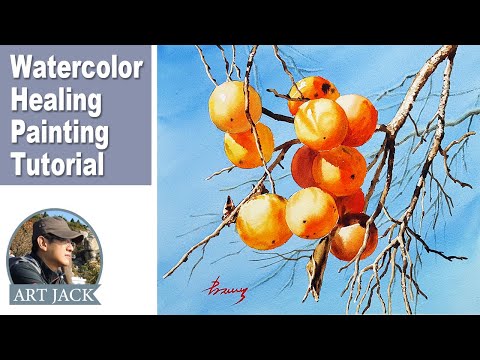 Watercolor Healing Painting Tutorial / Masking fluid technique / Persimmon / Color info [ART JACK]