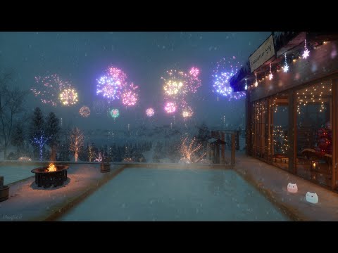 New Year's 2025 at a Snowy Mountain Lodge | Sounds of Falling Snow, Crackling Fire, Water Sounds